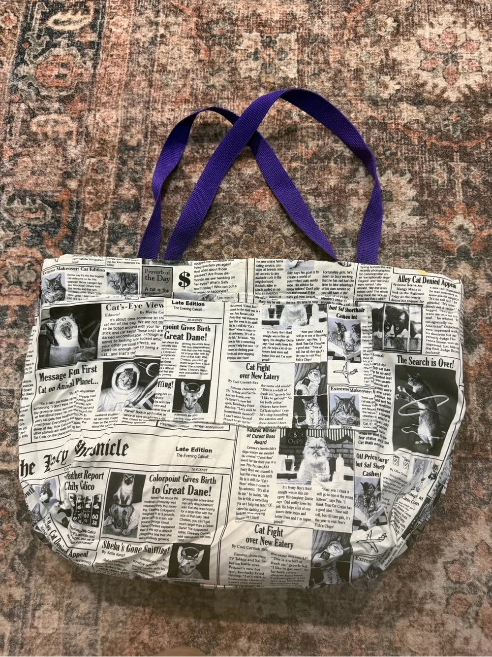 Reversible Cat Pattern Quilted large Tote Bag in Multicolor with Purple Handles